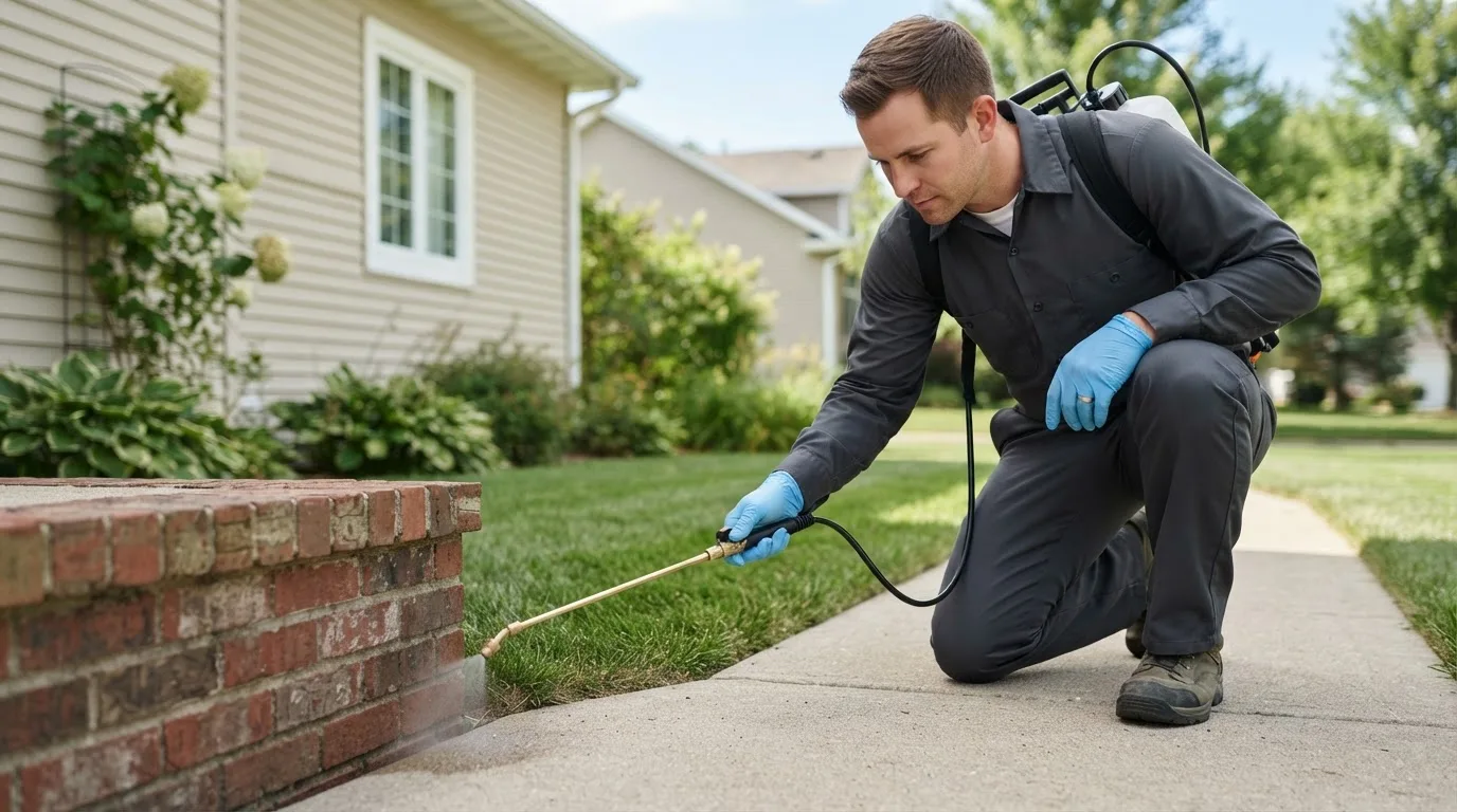 Pest control technician treating a home near Excel, AL